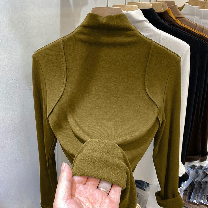 Женская приталенная рубашка с длинным рукавом и воротником-стойкой в европейском стиле, с подкладкой из матового немецкого вельвета для осени и зимы
