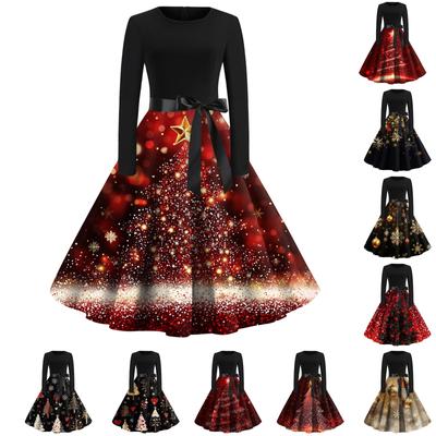 Женское модное винтажное платье с длинным рукавом и круглым вырезом с рождественским принтом