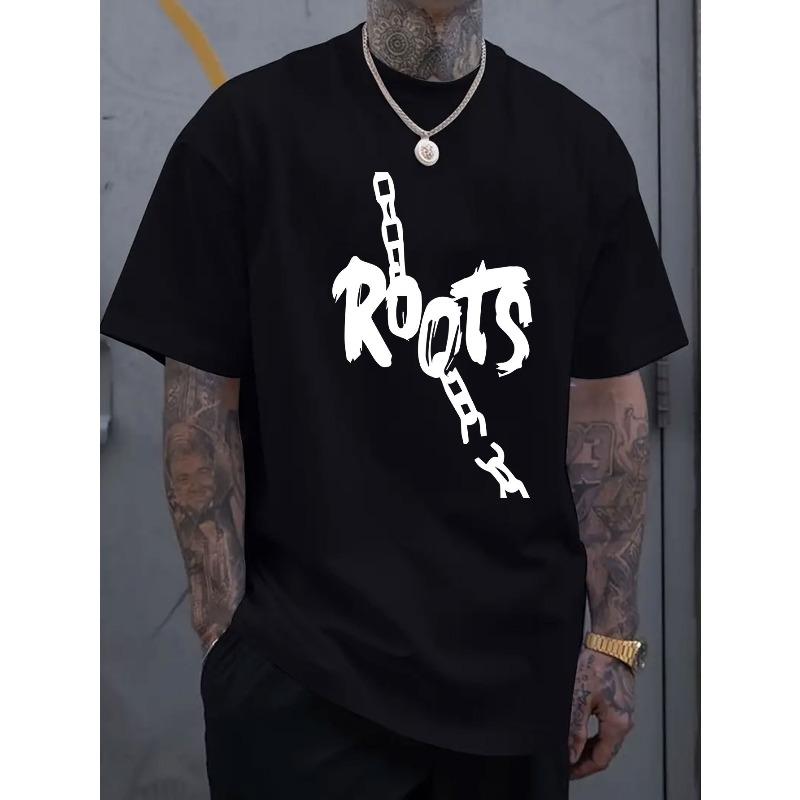 Европейские размеры Мужская футболка с коротким рукавом с принтом Chain Graffiti Text, Свободного кроя и с круглым вырезом, В американском уличном стиле