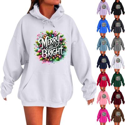 Женская толстовка с длинными рукавами, осенняя, с заниженной линией плеч, с рождественским принтом, капюшоном и бархатом