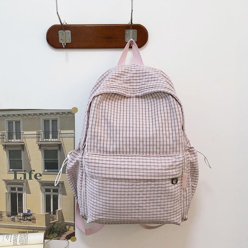 Cotton School Bag With Waterproof Feature And Grid Pattern For Teens And Adults