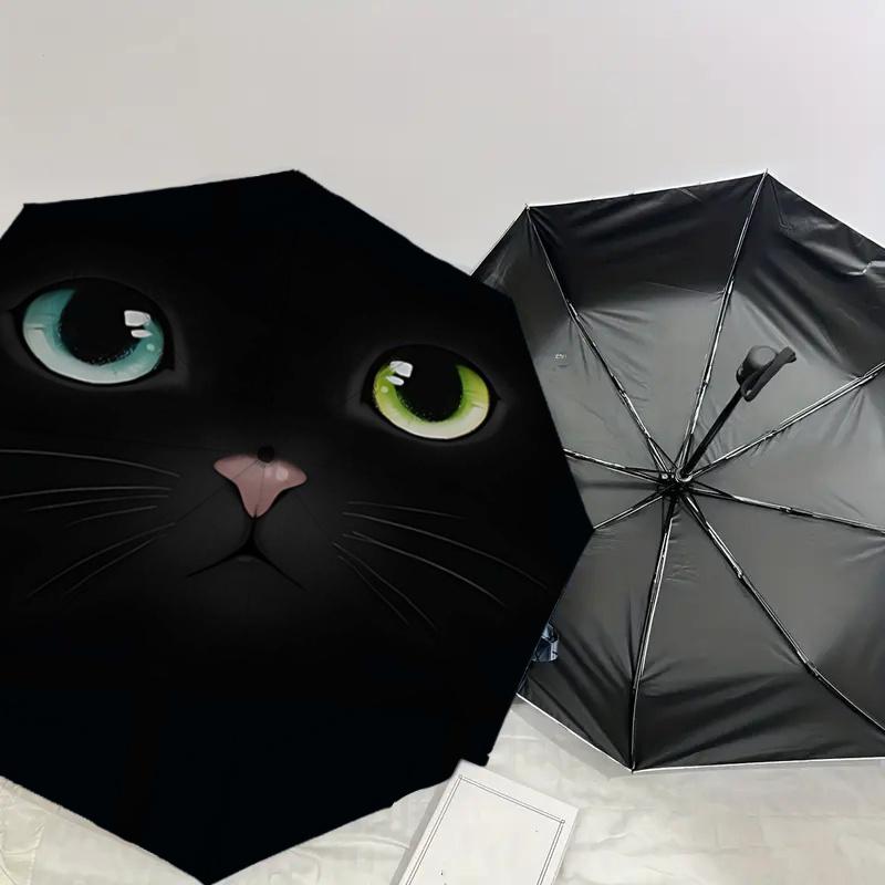 Black Cat Face with Green Eyes: Automatic Opening/Closing Umbrella, Foldable Design, Outdoor, Ideal Gift for Fans, Travelers, Daily Use, Fes