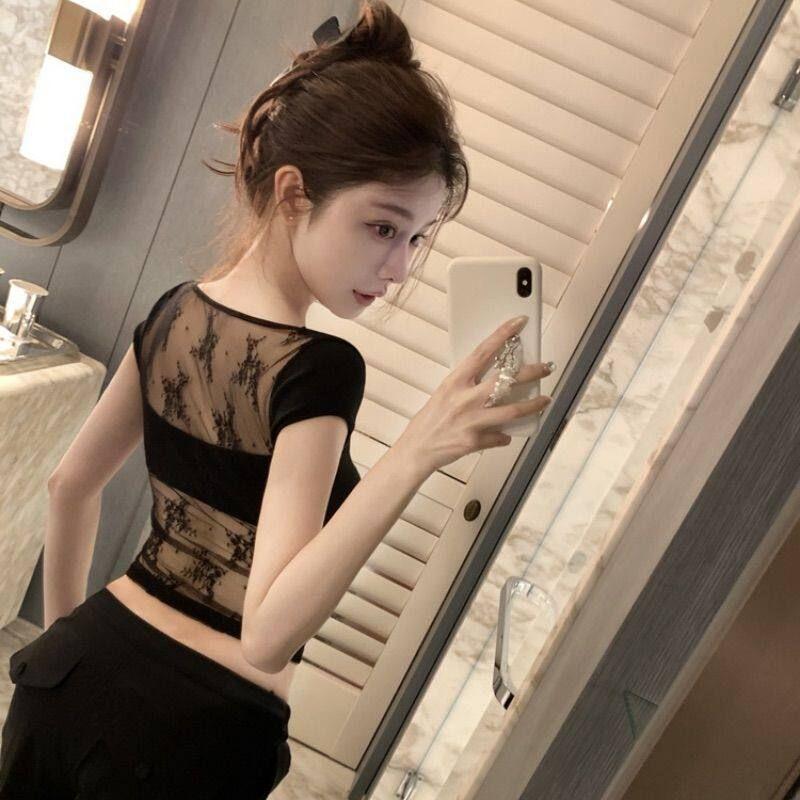 Pure Desire Style Square-Neck Short-Sleeve Knit T-Shirt for Women, Summer Lace Patchwork White Slim-Fit Inner Wear, Tight-Fitting Slimming Top