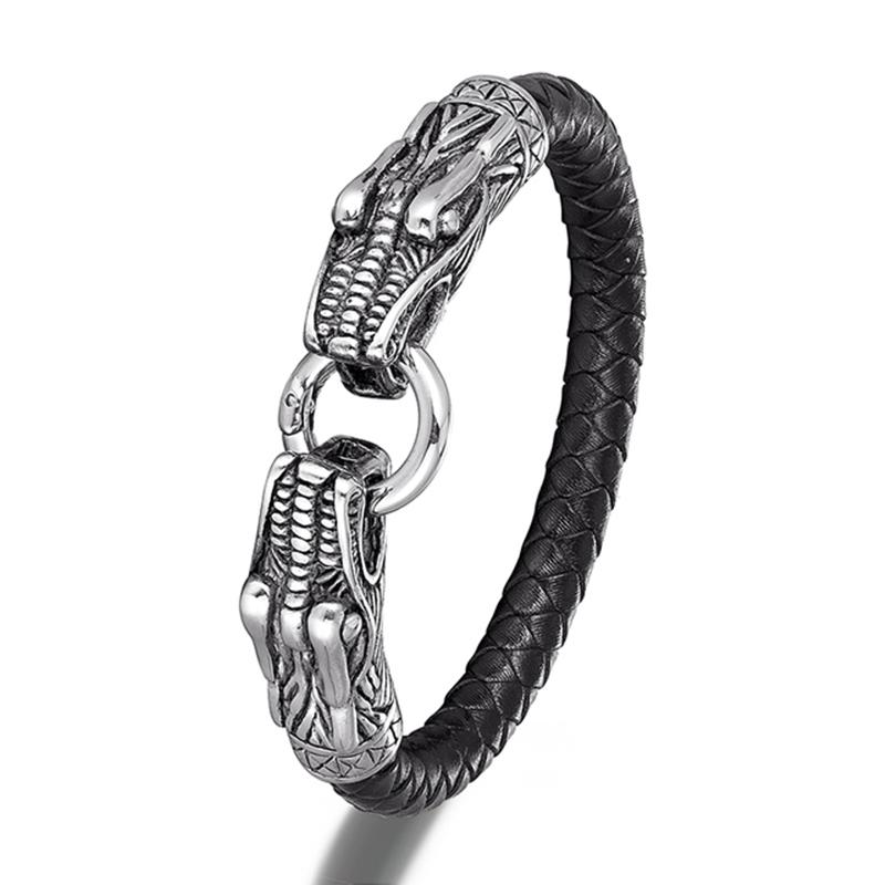 Классический Животный Викинги Двойной Дракон Голова Волка Нержавеющая сталь 316L Мужской Кожаный Браслет Мода Панк Украшения Pulseras