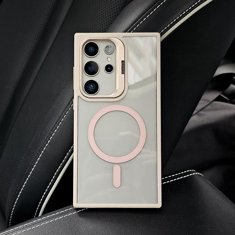 Складная подставка-держатель для объектива камеры для чехла MagSafe для Samsung Galaxy S24 S23 S22 Ultra Plus Прозрачная жесткая акриловая магнитная крышка