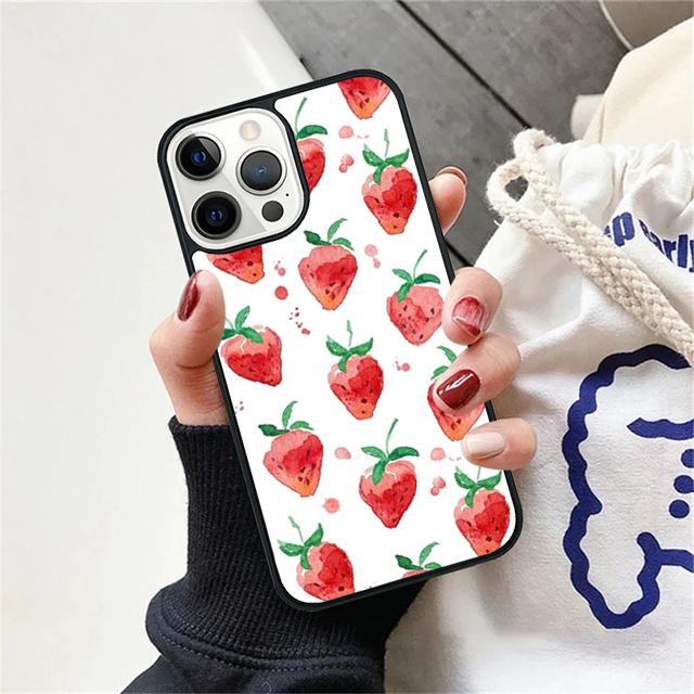Розовый чехол-бампер с рисунком клубники для iPhone 17 Air 15 16 14 13 12 Pro Max 11 Pro Max Plus