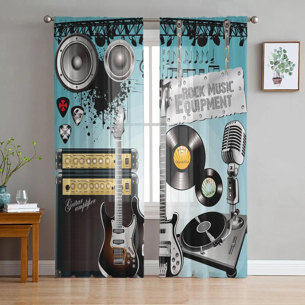 Music Notes Black Chiffon Sheer Curtains for Living Room Bedroom Home Decoration Window Voiles Tulle Drapes Curtain