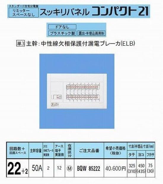 Panasonic Sukkiri Panel 21 Standard Type No Limiter Space BQW85222 50A22+2