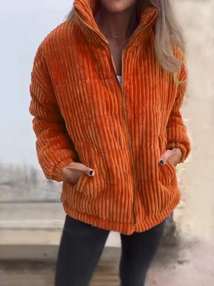 Женская весенне-осенняя вельветовая куртка с воротником-стойкой, длинными рукавами и карманами
