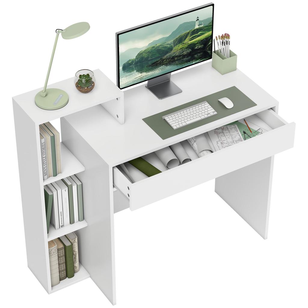 Desk with Storage, Computer Desk with 3 Open Shelves and Drawer, Workstation, Computer Table, White