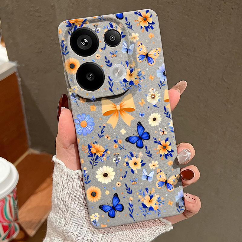 Чехол с цветочным узором и синей бабочкой для Xiaomi 14T 13T 11T Pro Funda Redmi Note 14 13 12 11 Pro 5G 4G Силиконовая крышка с текстурой кожи