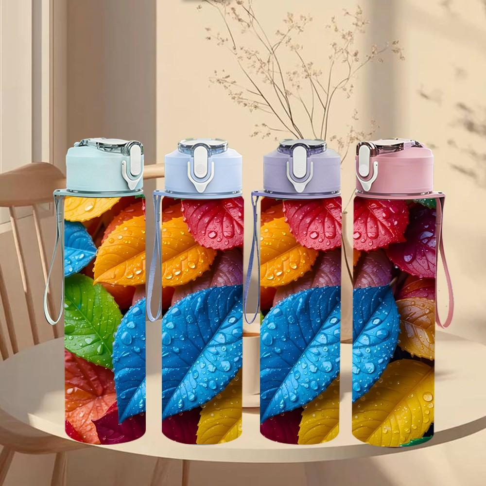 1PC Autumn Colorful Fall Leaf Print 750ml Color Plastic Sports Water Bottle Leakproof Flip Straw Lid Suitable for Sports Office Home Use