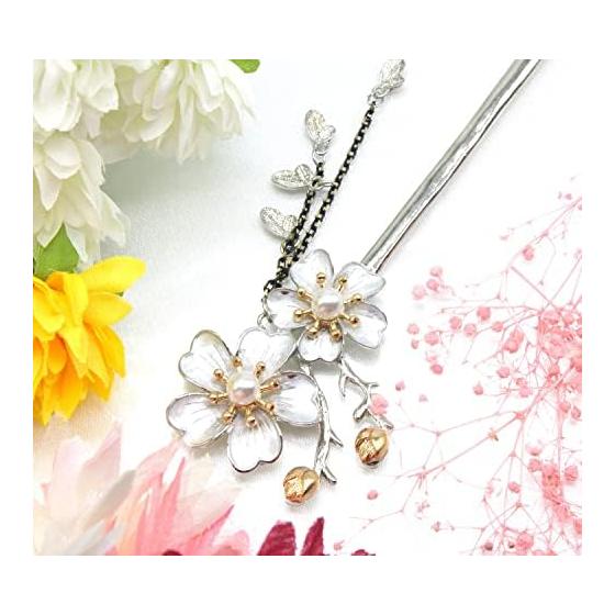 Заколка для волос Miaomyao Kanzashi с одним зубцом для японского кимоно, металлическая, античная, с кубическим цирконием, парный цветок, вишневый цвет, лепестки.