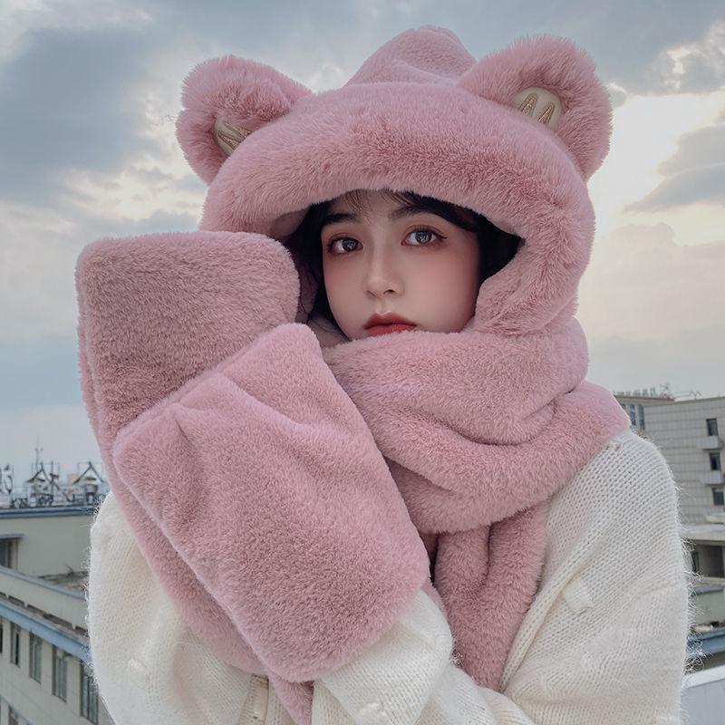 Bear Hat Scarf One-piece Female Cute All-match Winter Thickening Warm Plush One-piece Hat