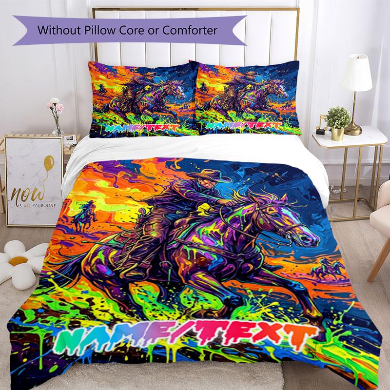 3PC Custom Name Cowboy Wild Horse Bedding Set Printed Bedding Set Duvet Cover Closure Includes 1 Duvet Cover & 32 Pillowcases for Bedroom