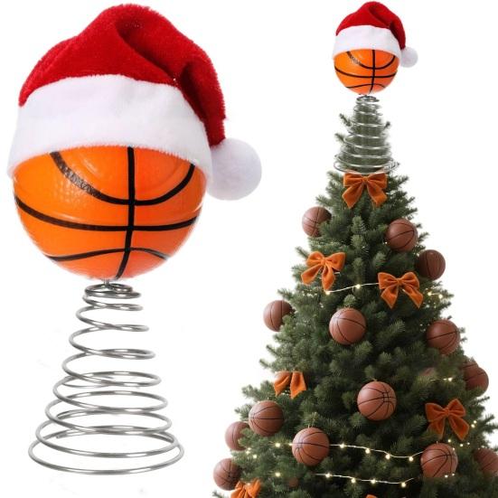Rugby Christmas Tree Topper with Santa Hat Spring Base Bouncing Sports Ornament Fun Desk Decor for Holiday Parties Valentine's Day Gifts