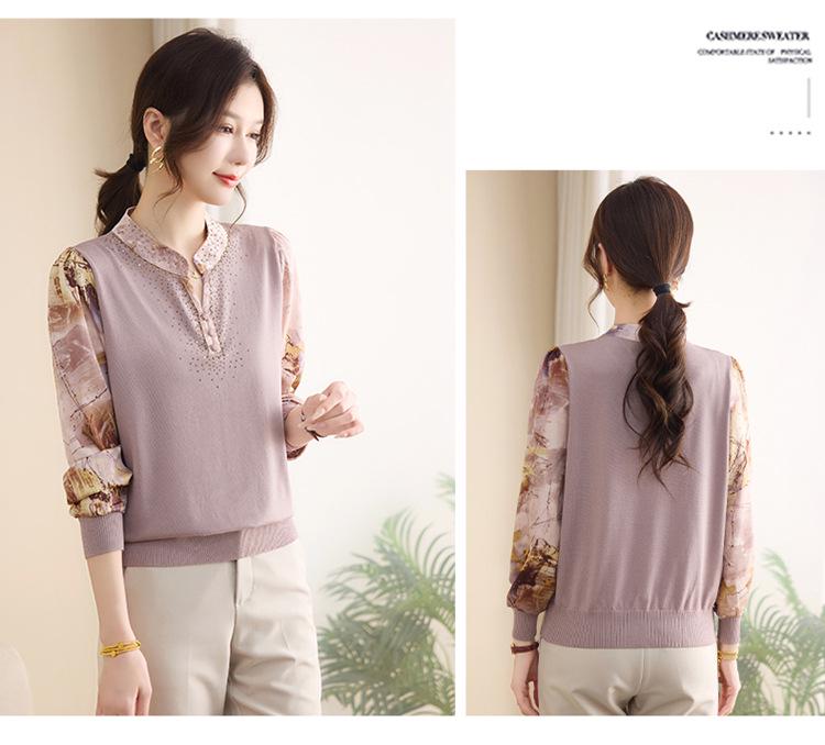 Elegant Gauze Sleeve Knit Top for Mature Women - Lightweight Spring/Autumn Layer