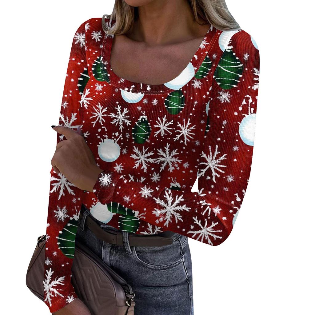 Женская модная футболка с тонким низом, рождественский принт, пуловер с U-образным вырезом и длинными рукавами