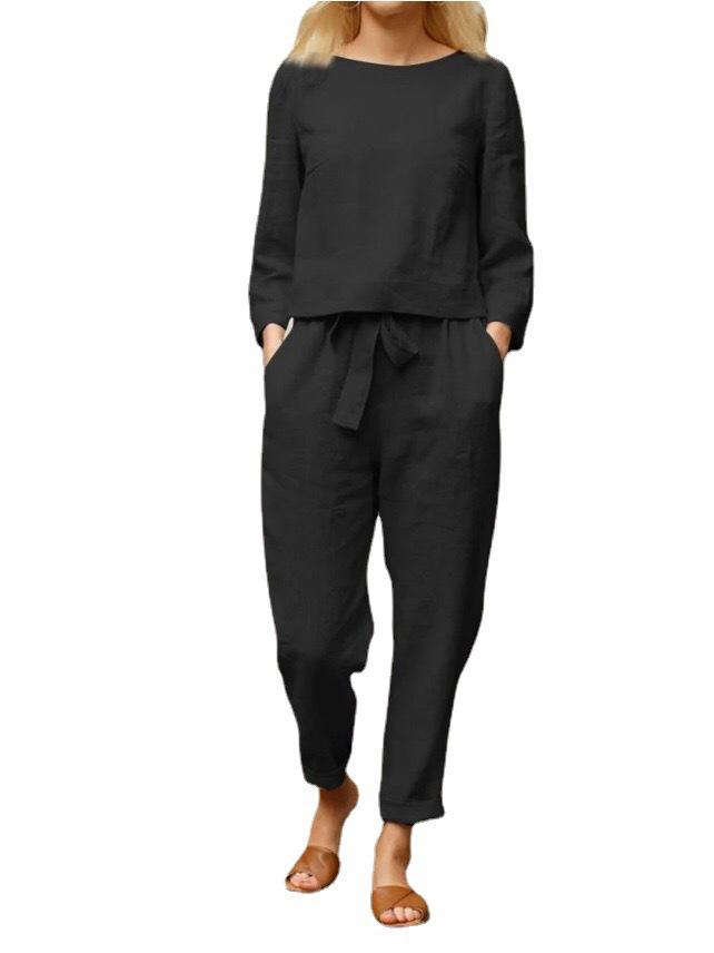 Женский осенний однотонный повседневный комплект топ и брюки