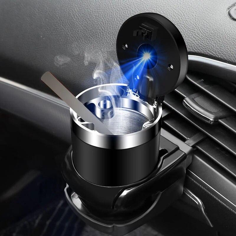 1 Pc New Black Car Ashtray with Metal Liner Universal One-button Open Cover Storage Bucket with LED Light Decorative Accessories