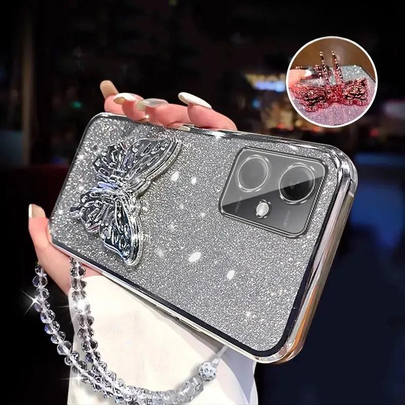 3D Держатель для телефона в виде бабочки, Хрустальный браслет, Блестящий чехол с покрытием для Xiaomi Redmi Note 12 Pro Plus 4G 5G, Задняя крышка