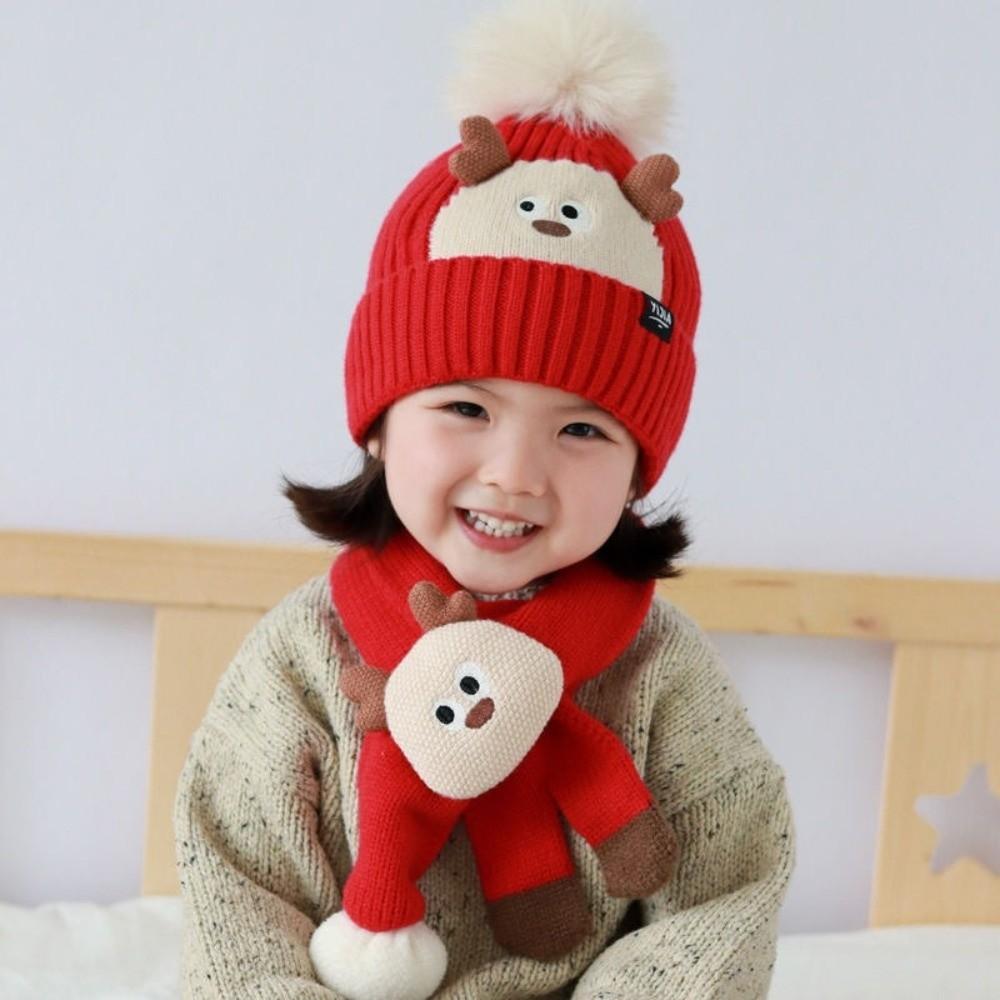 2Pcs Thickened Knitted Beanies Hat Kawaii Kid Pullover Cap Fashion Cartoon Warm Scarf Infant