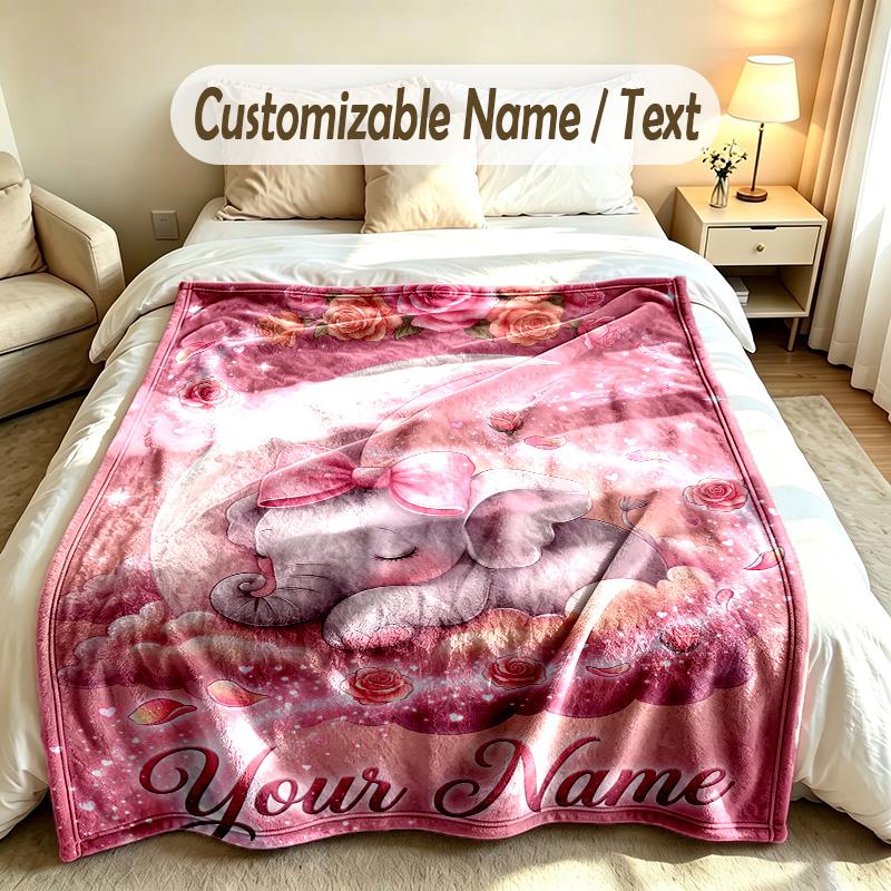 Elephant Theme Soft Blanket Personalized Custom Name Text Print Warm Blanket Home Sofa Bedroom Decor