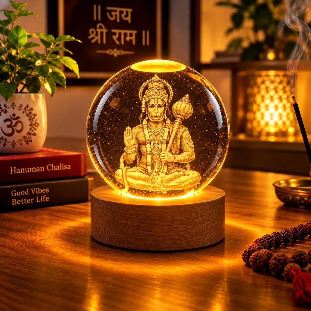 3D Hanuman Crystal Ball LED Night Lamp, Spiritual Engraved