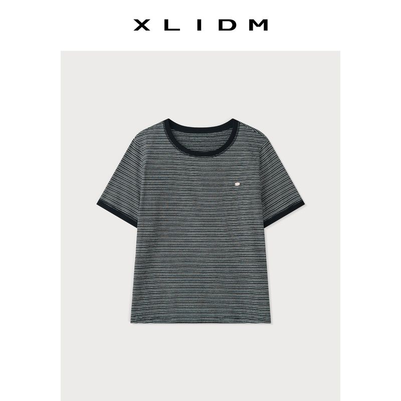Xiaoli Plus Size Women's Stretch Pure Cotton Comfortable Contrast Color Pinstripe Slim Looking T-shirt Summer round Neck Shoulder Short Sleeve