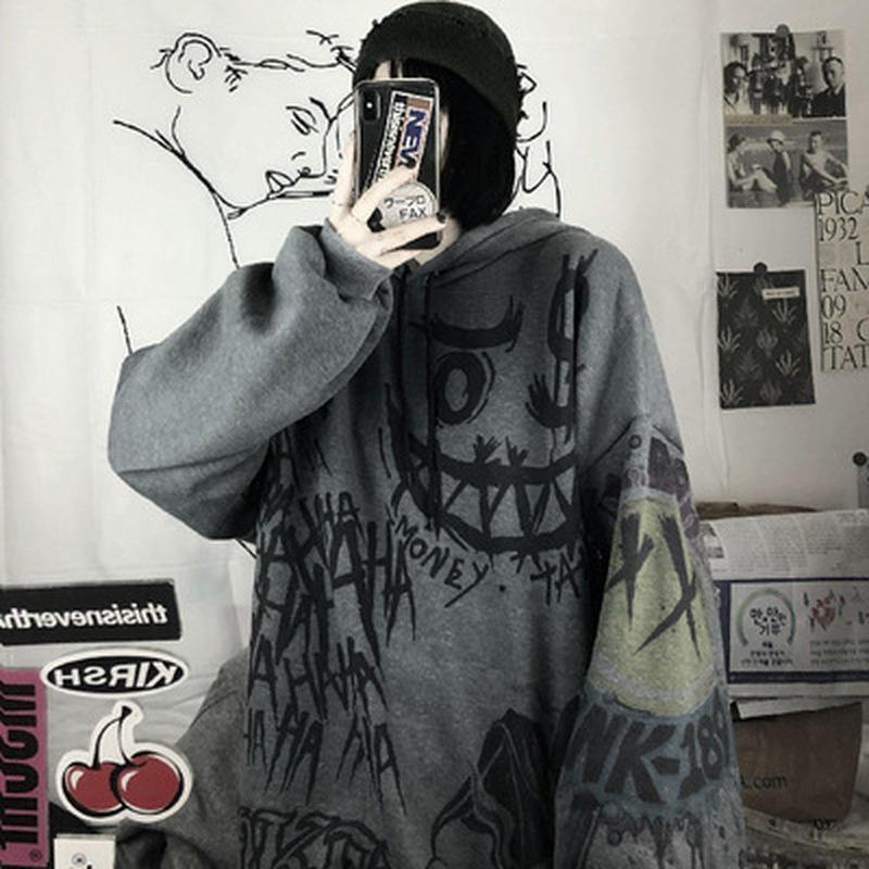 Harajuku Серый Дьявол Толстовка С Капюшоном Женщины Свободные Готические Панк Топы Хип-Хоп Половер Негабаритные Хип-Хоп Печати Толстовки Пальто Девушка