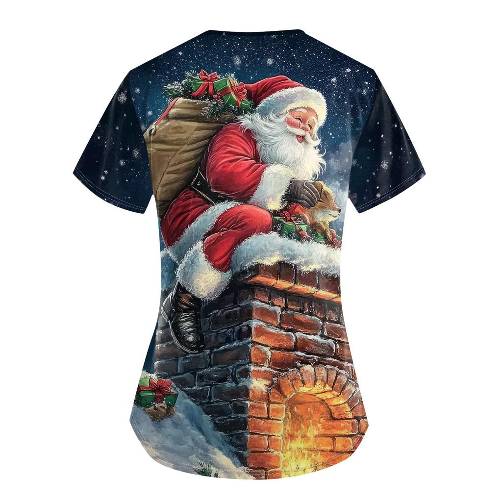 Плюс размерСкраб с принтом Рабочая форма Топы для женщин Крест V-образным вырезом Хэллоуин Принт с короткими рукавами Забавные футболки Спецодежда Футболка с карманами