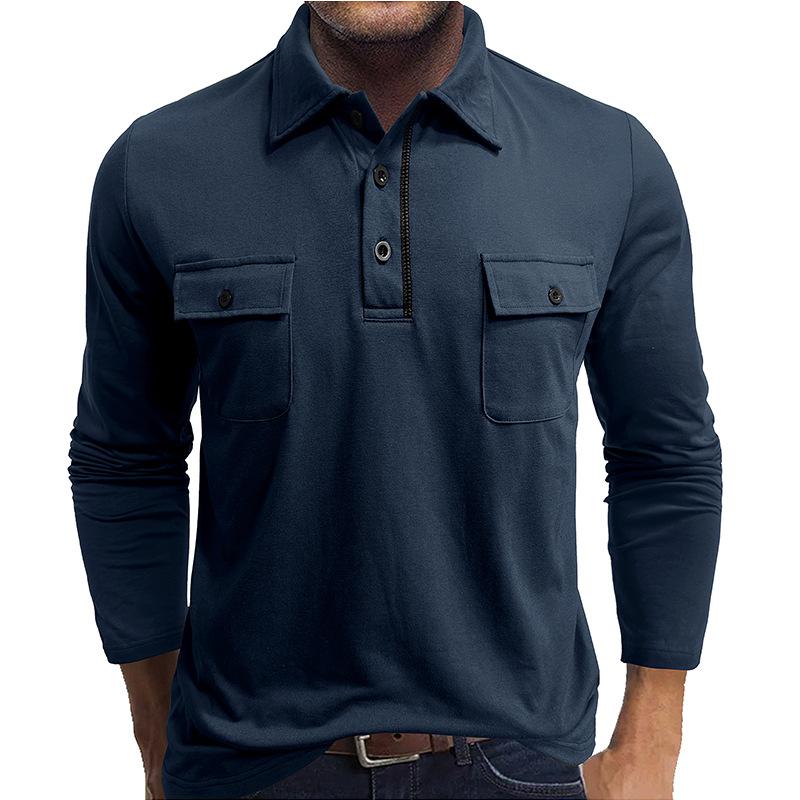 Men's Long Sleeve Polo Shirt with Button-Down Collar and Chest Pockets, Multiple Colors