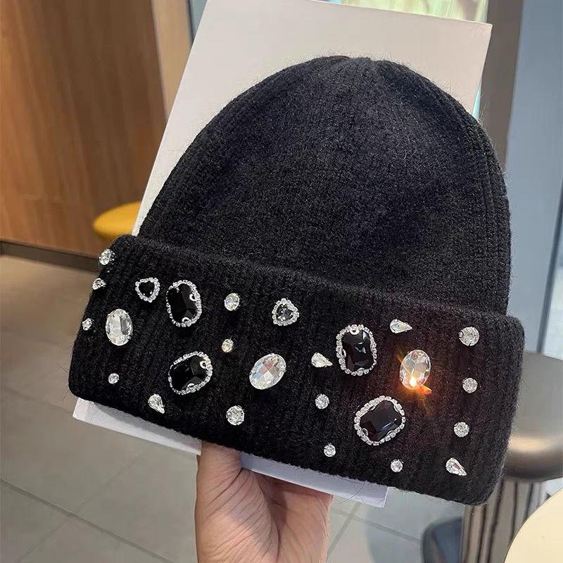 Autumn and Winter Knitted Hat Rhinestone Women's Casual Trendy Net Red Bowler Hat Warm Versatile Beanie Ear Hat