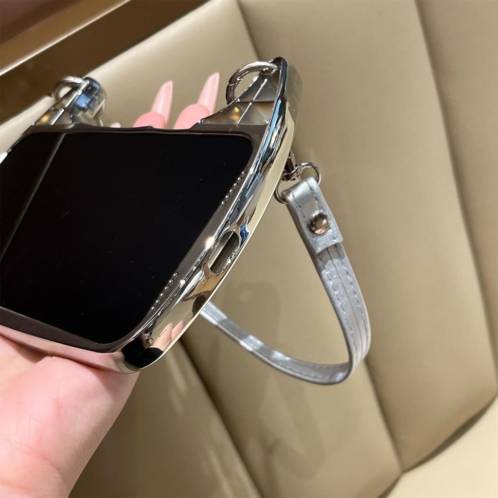 Elegant Pearl & Butterfly Shoulder Phone Case for iPhone 12-17 Series — Adjustable Strap, Mirror Metallic Frame