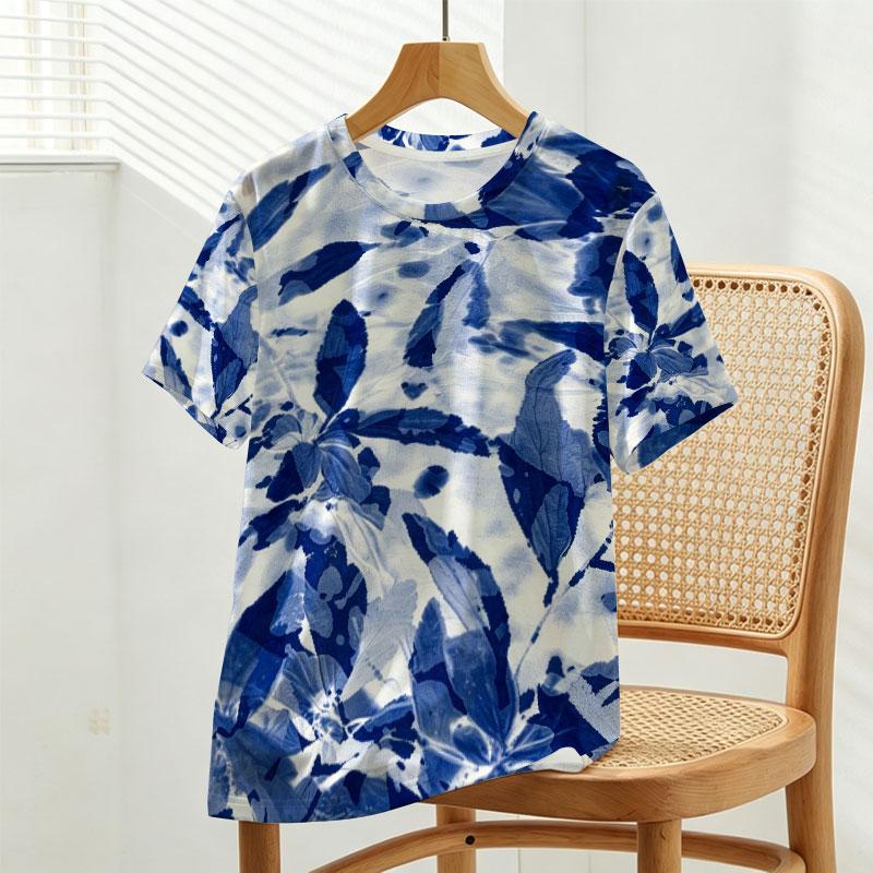 Women's Blue & White Short Sleeve Tee Soft, Lightweight & Comfy, Casual Versatile for Daily & Weekend Wear