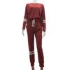 2 Pcs/Set Women Top Pants Suit Round Neck Long Sleeves Striped Solid Color Sweatshirt Drawstring Elastic Waist Trousers