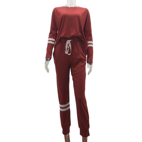 2 Pcs/Set Women Top Pants Suit Round Neck Long Sleeves Striped Solid Color Sweatshirt Drawstring Elastic Waist Trousers