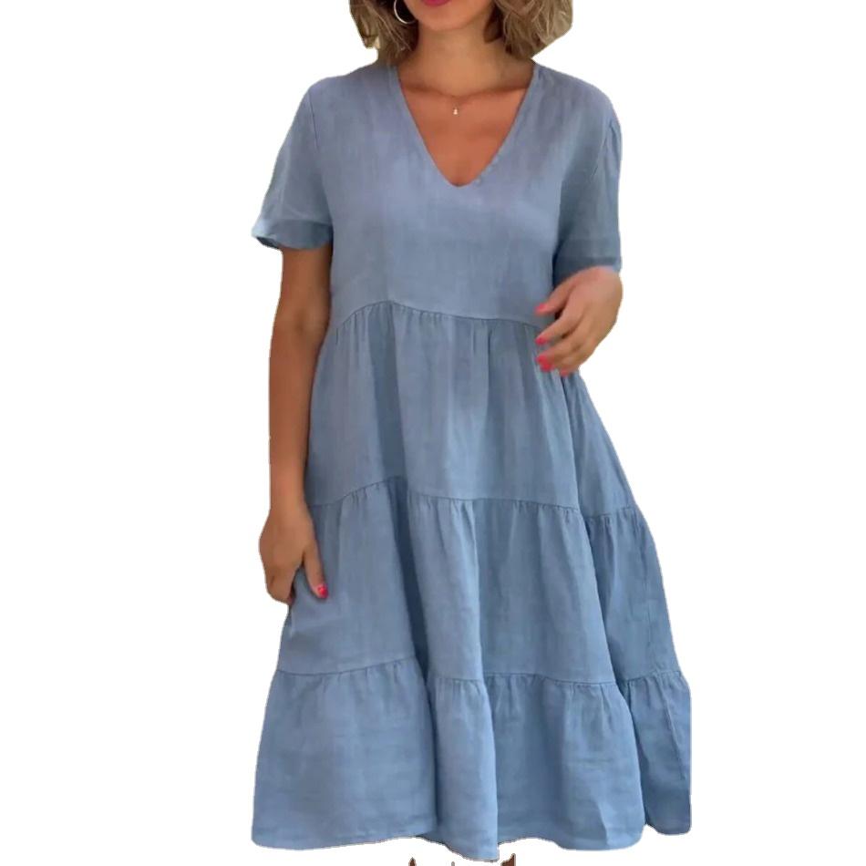 GMXIA Женская мода, лето, весна, свежие и милые однотонные принты, с коротким рукавом, v-образным вырезом, большие свободные повседневные платья