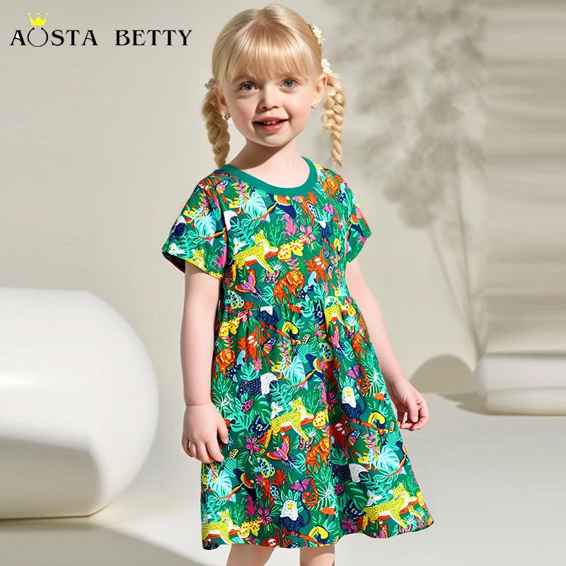 Летнее трикотажное хлопковое платье принцессы для девочек - Европейский и американский стиль, короткий рукав, милый дизайн