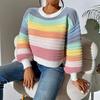 Autumn Winter Rainbow Stripes Knitted Sweaters Lantern Sleeve Loose Jumper Crop Tops Women Sweater Pullover Ladies Casual Shirts