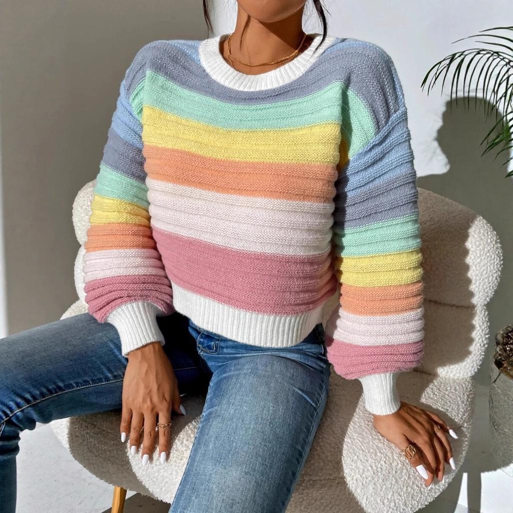 Autumn Winter Rainbow Stripes Knitted Sweaters Lantern Sleeve Loose Jumper Crop Tops Women Sweater Pullover Ladies Casual Shirts