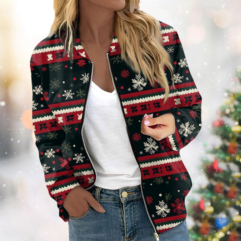 Женская легкая короткая куртка с длинными рукавами на молнии с принтом, повседневная стеганая куртка с карманами, рождественская