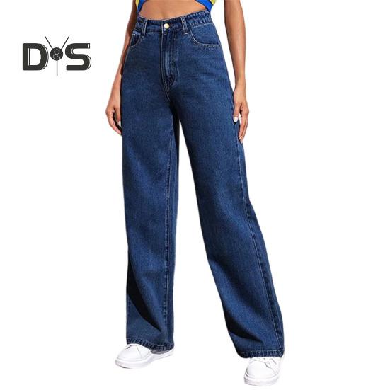 Женские джинсы с карманами, застежка-молния на пуговицу с высокой талией, прямые брюки, однотонные, в винтажном американском стиле, джинсовые брюки для повседневной носки, Scool