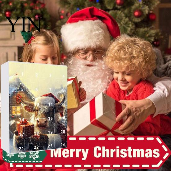 Decorative Acrylic Ornaments for Windows Doors Christmas Advent Calendar, 24 Day Countdown Box with Highland Cow Hanging Tree Pendants, Festive Decor,