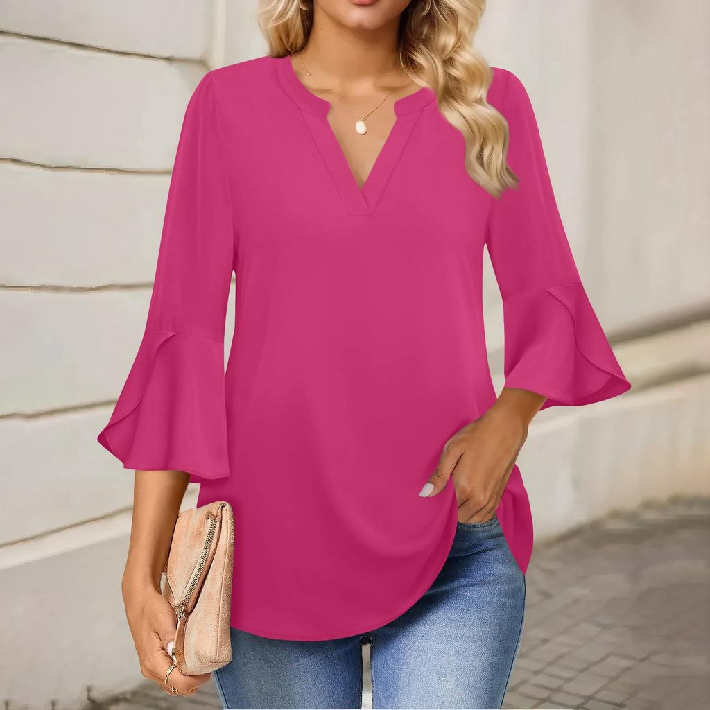 Женская рабочая рубашка с плиссировкой и рукавом 3/4, рубашка с V-образным вырезом, повседневная рубашка с завязками на талии, деловая рубашка