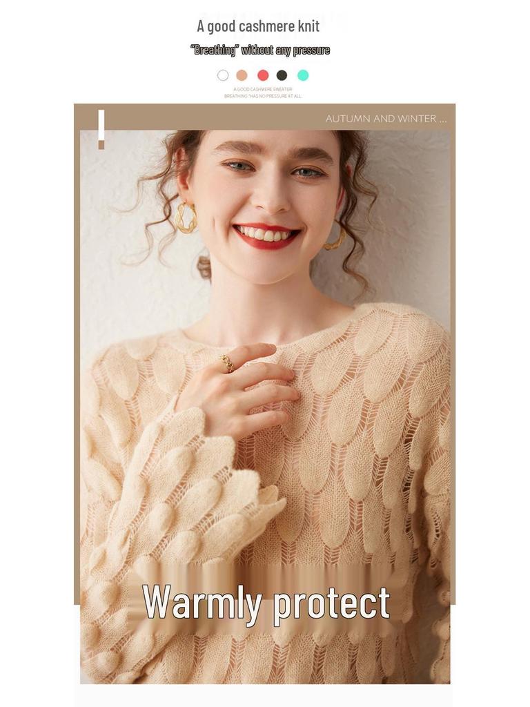 Women's High-End French Cashmere Sweater: Hollowed-Out, Round Neck, Bell Sleeves, 2024 Trend