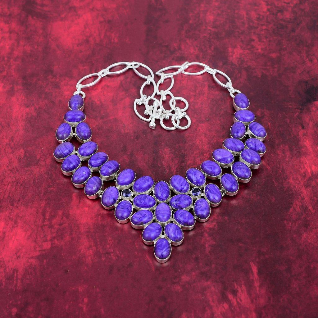 Charoite Handmade Gemstone Necklace, 925 Solid Sterling Silver Necklace Antique Jewelry, For Engagement Gift