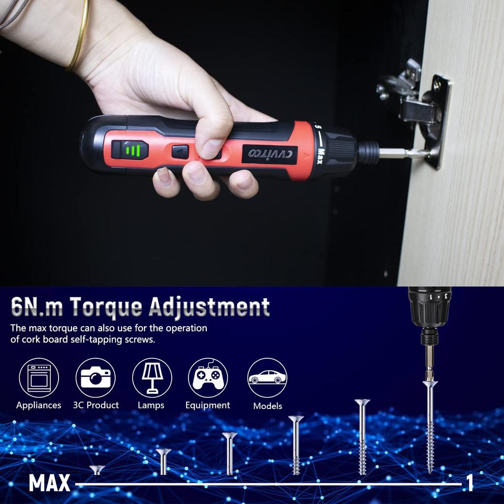 CVVITOO Электрическая отвертка Беспроводная отвертка USB-зарядка Набор отверток Torque 11 бит для отверток 3 спиральных сверла 5 торцевых гаек Flex Hex