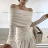Women's Slim Fit One-Shoulder White Long-Sleeve Sweater, Elegant Pleated Spring Top
