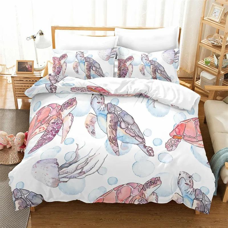 Sea Turtle Bedding Ocean Duvet Cover Set Teal Mediterranean Style Marine Themed Ocean Polyester Bedding Set Queen King Twin Size